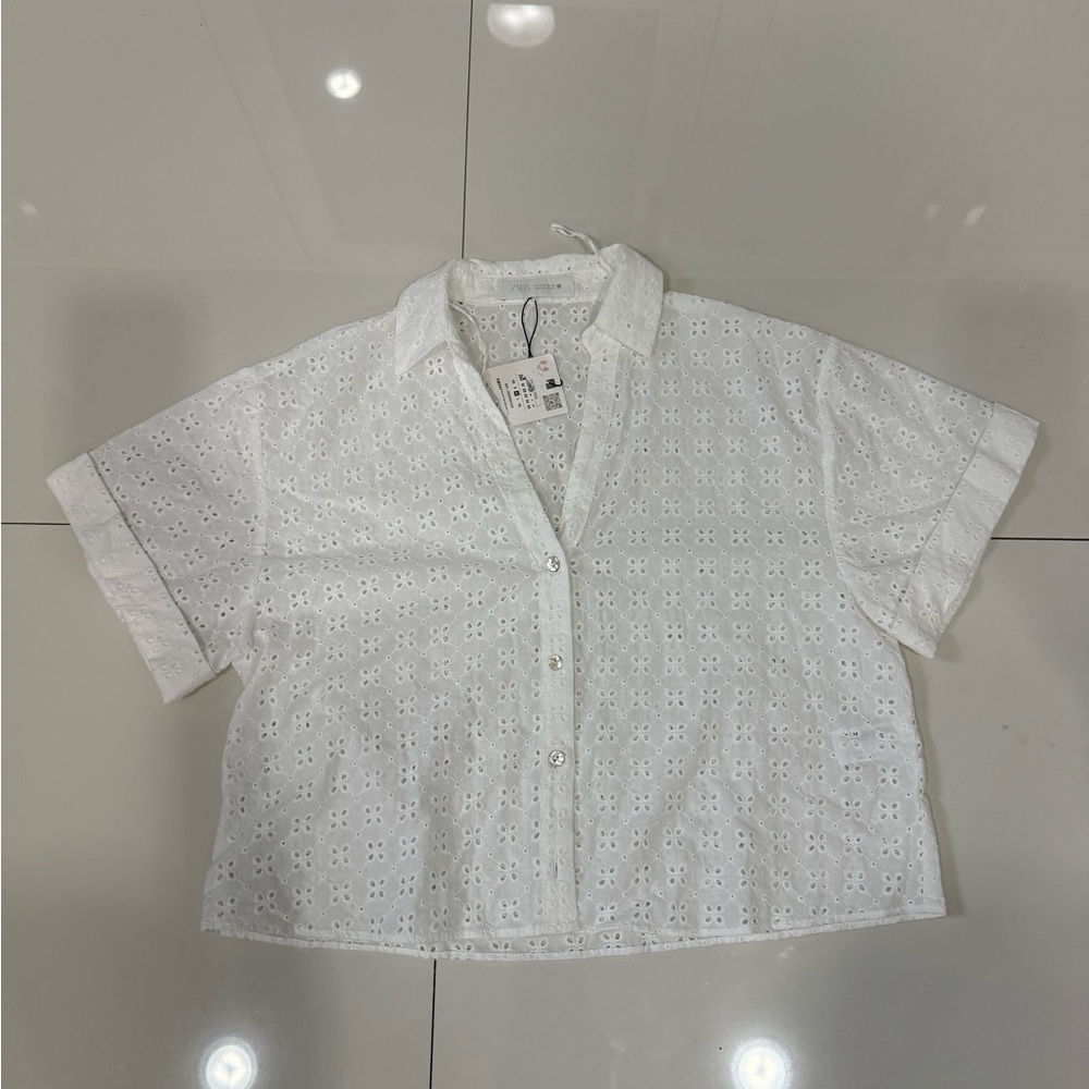 Stradivarius White Eyelet Button-Down Shirt